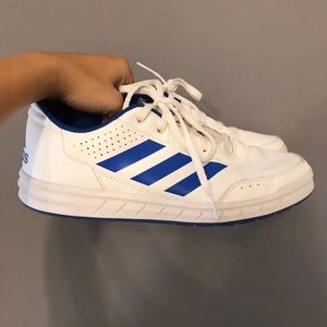 Blue and white adidas shoes
